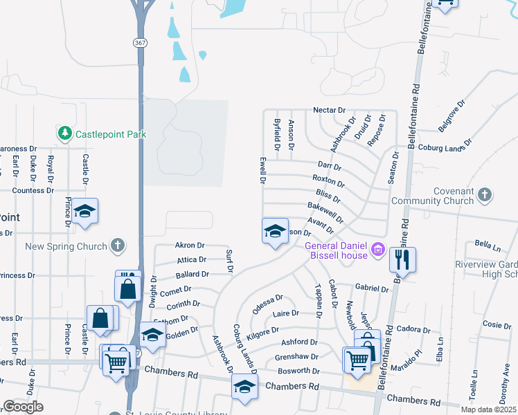 map of restaurants, bars, coffee shops, grocery stores, and more near 10347 Ewell Drive in St. Louis