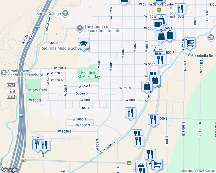 map of restaurants, bars, coffee shops, grocery stores, and more near 410 West 700 South in Richfield