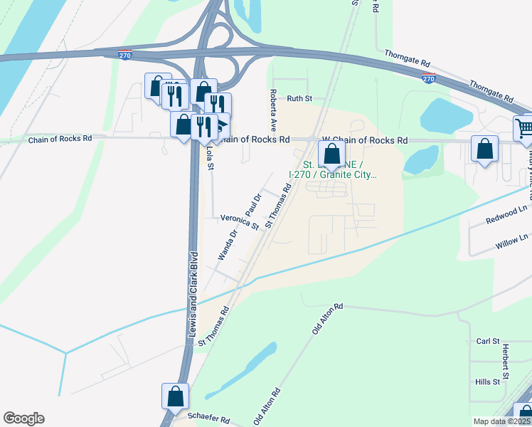 map of restaurants, bars, coffee shops, grocery stores, and more near 1142 Saint Thomas Road in Granite City