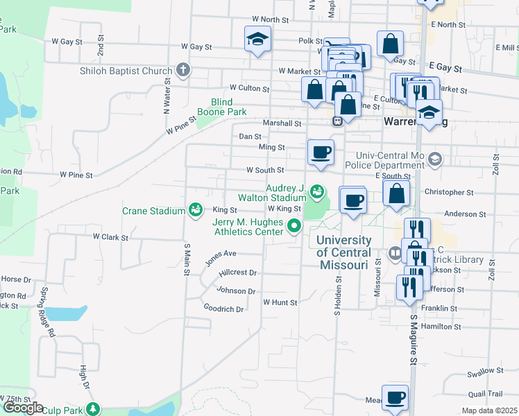 map of restaurants, bars, coffee shops, grocery stores, and more near 418 South Warren Street in Warrensburg