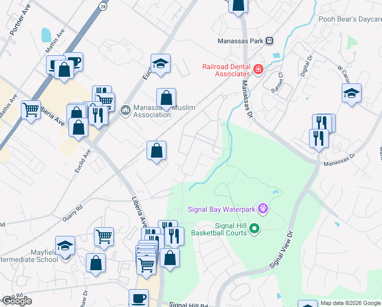 map of restaurants, bars, coffee shops, grocery stores, and more near 9063 Connor House Road in Manassas