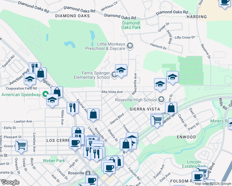 map of restaurants, bars, coffee shops, grocery stores, and more near 315 El Dorado Ave in Roseville