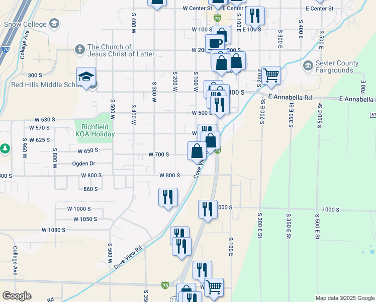 map of restaurants, bars, coffee shops, grocery stores, and more near 146 West 700 South in Richfield