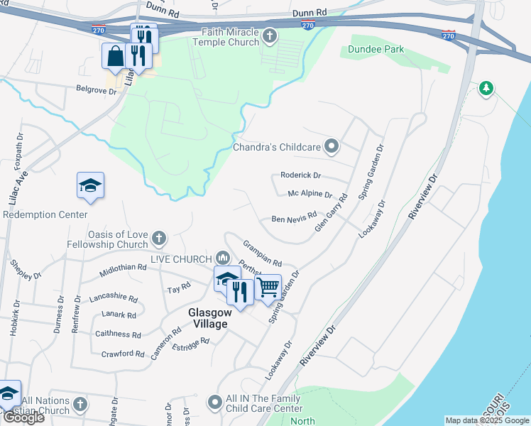 map of restaurants, bars, coffee shops, grocery stores, and more near 233 Ben Nevis Road in St. Louis