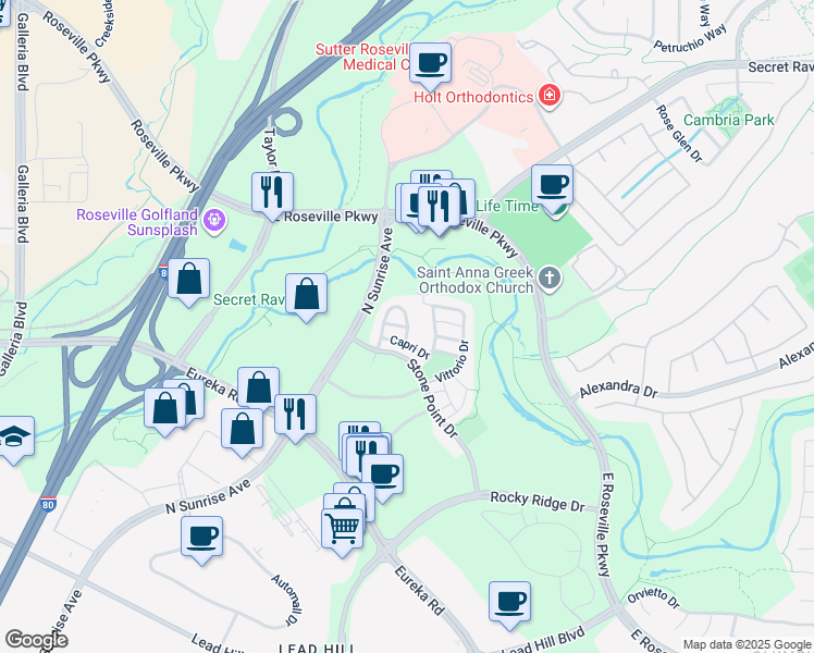 map of restaurants, bars, coffee shops, grocery stores, and more near Mercato Way in Roseville