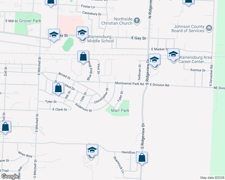 map of restaurants, bars, coffee shops, grocery stores, and more near 1115 Anderson Street in Warrensburg