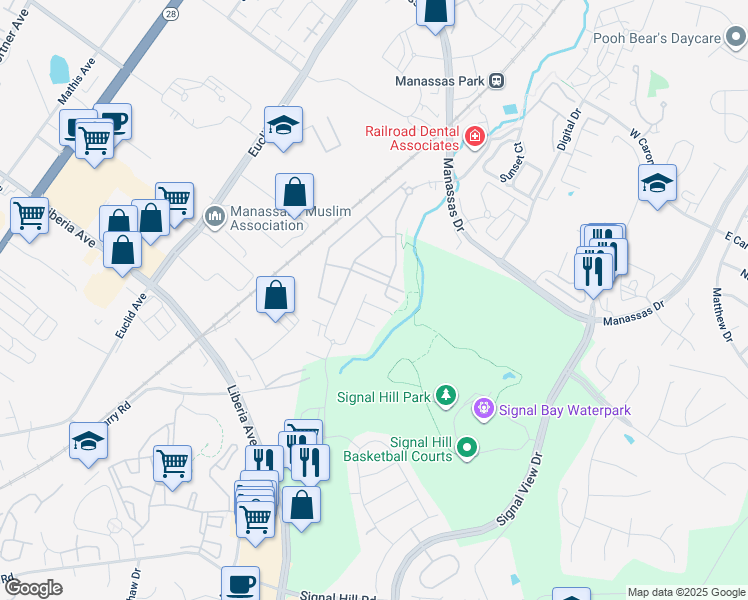 map of restaurants, bars, coffee shops, grocery stores, and more near 8176 Agnes Lane in Manassas