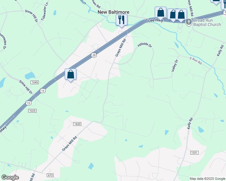 map of restaurants, bars, coffee shops, grocery stores, and more near 6619 Grays Mill Road in Warrenton