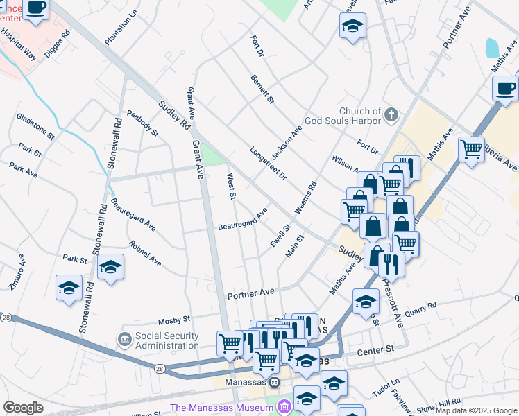 map of restaurants, bars, coffee shops, grocery stores, and more near 9226 Beauregard Avenue in Manassas