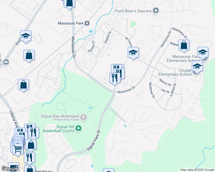 map of restaurants, bars, coffee shops, grocery stores, and more near 9014 Phita Lane in Manassas Park