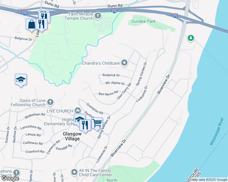 map of restaurants, bars, coffee shops, grocery stores, and more near 130 Ben Nevis Road in St. Louis