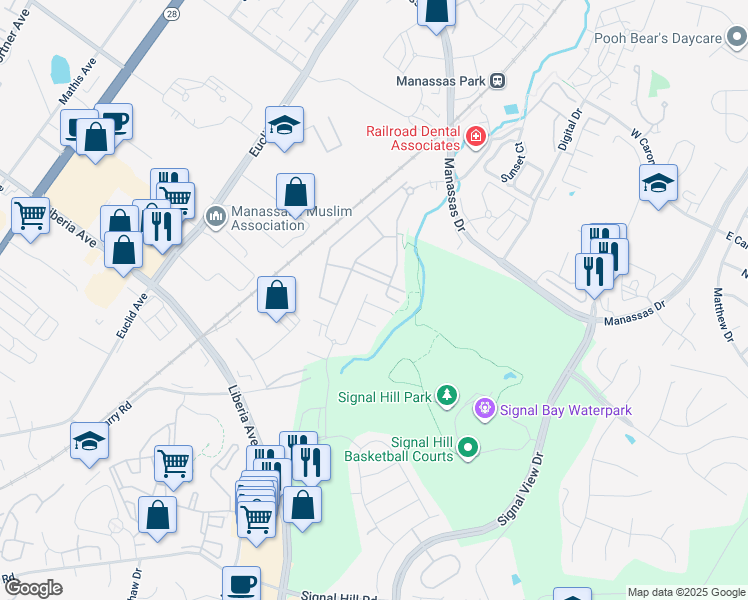 map of restaurants, bars, coffee shops, grocery stores, and more near 8176 Agnes Lane in Manassas