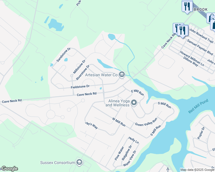 map of restaurants, bars, coffee shops, grocery stores, and more near 29574 Fieldstone Drive in Milton