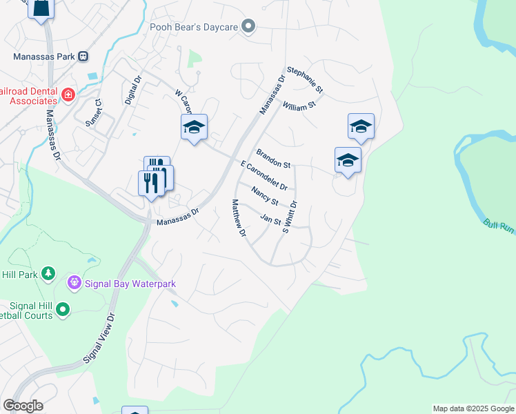 map of restaurants, bars, coffee shops, grocery stores, and more near 9307 Jan Street in Manassas Park
