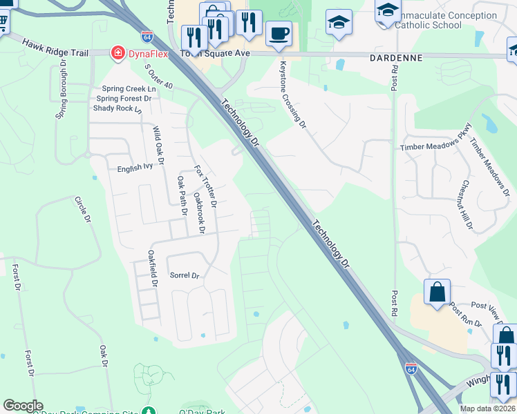 map of restaurants, bars, coffee shops, grocery stores, and more near 6 Kent Drive in O'Fallon