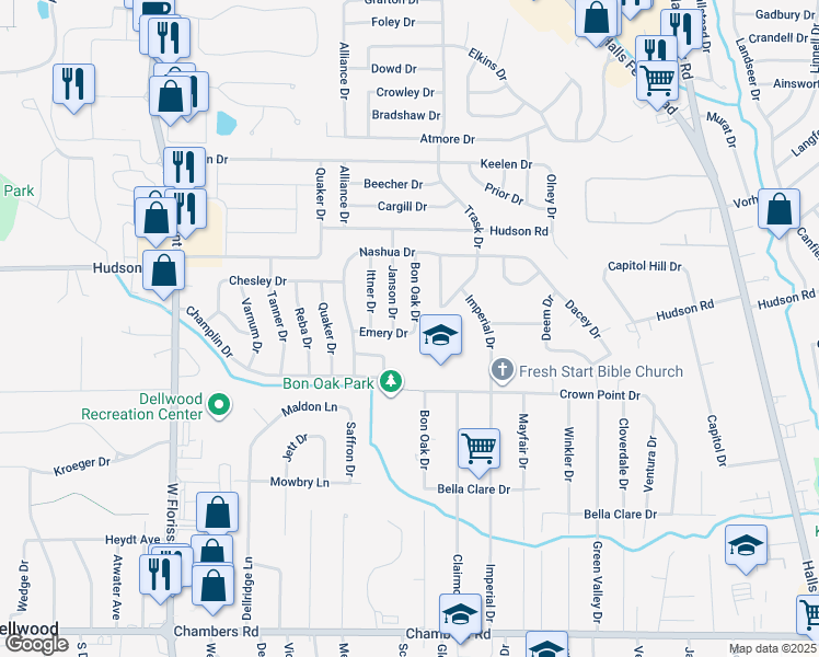 map of restaurants, bars, coffee shops, grocery stores, and more near 1735 Emery Drive in St. Louis
