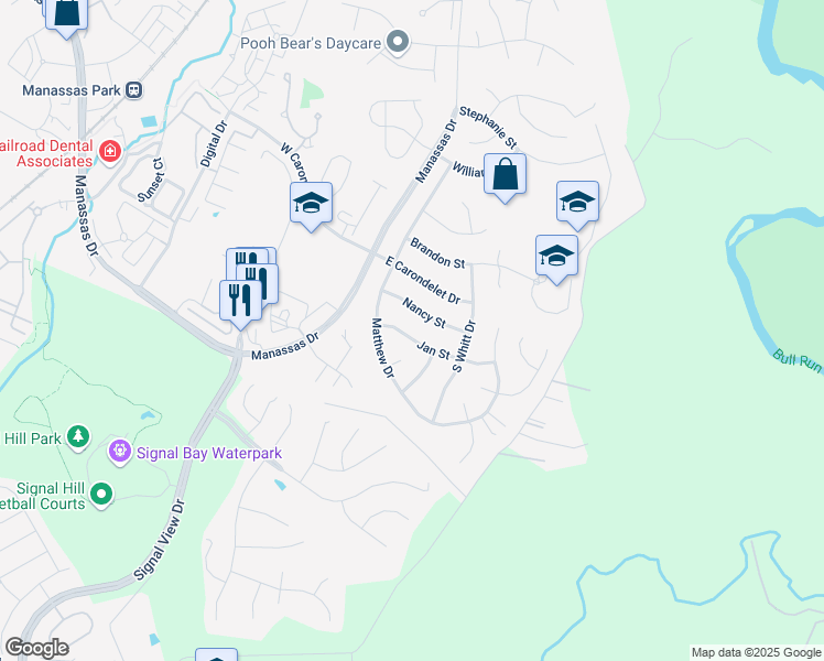 map of restaurants, bars, coffee shops, grocery stores, and more near 9307 Jan Street in Manassas Park