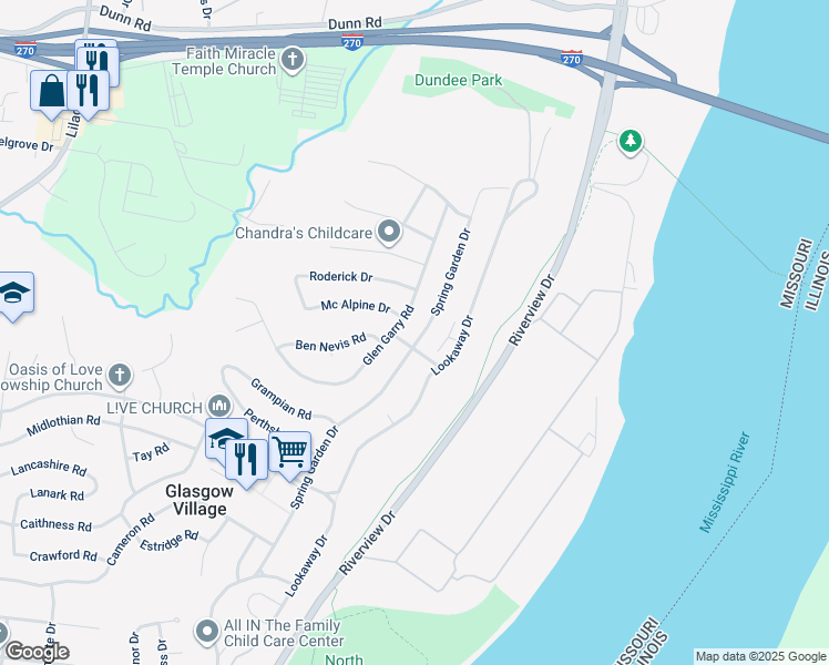 map of restaurants, bars, coffee shops, grocery stores, and more near 10709 Spring Garden Drive in St. Louis