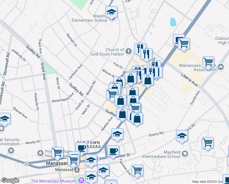map of restaurants, bars, coffee shops, grocery stores, and more near 9105 Portner Avenue in Manassas