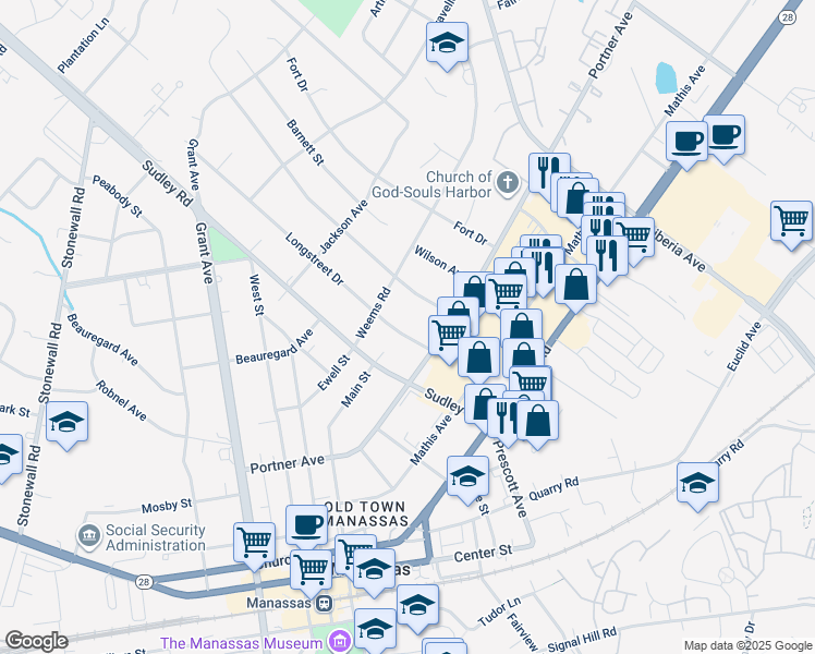 map of restaurants, bars, coffee shops, grocery stores, and more near 9023 Longstreet Drive in Manassas