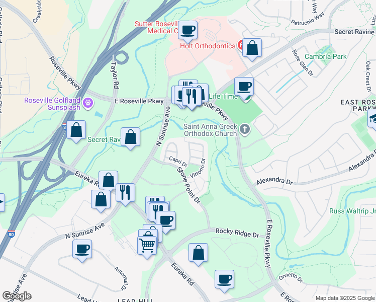 map of restaurants, bars, coffee shops, grocery stores, and more near 2129 Capri Drive in Roseville