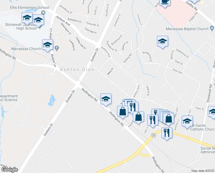map of restaurants, bars, coffee shops, grocery stores, and more near 9067 McRae Court in Manassas