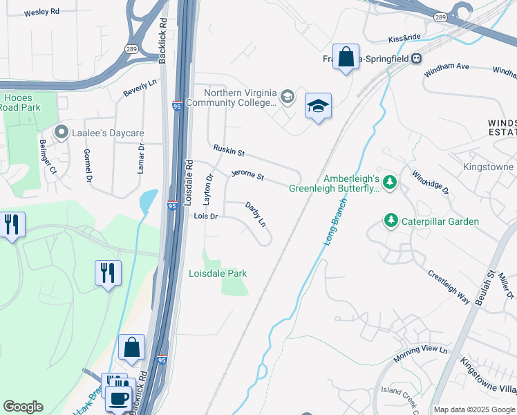 map of restaurants, bars, coffee shops, grocery stores, and more near 6820 Darby Lane in Springfield