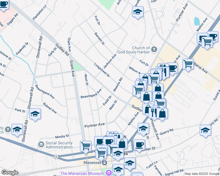 map of restaurants, bars, coffee shops, grocery stores, and more near 9039 Sudley Road in Manassas