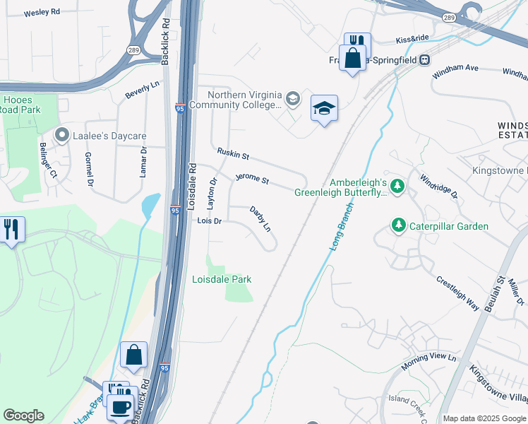 map of restaurants, bars, coffee shops, grocery stores, and more near 6820 Darby Lane in Springfield