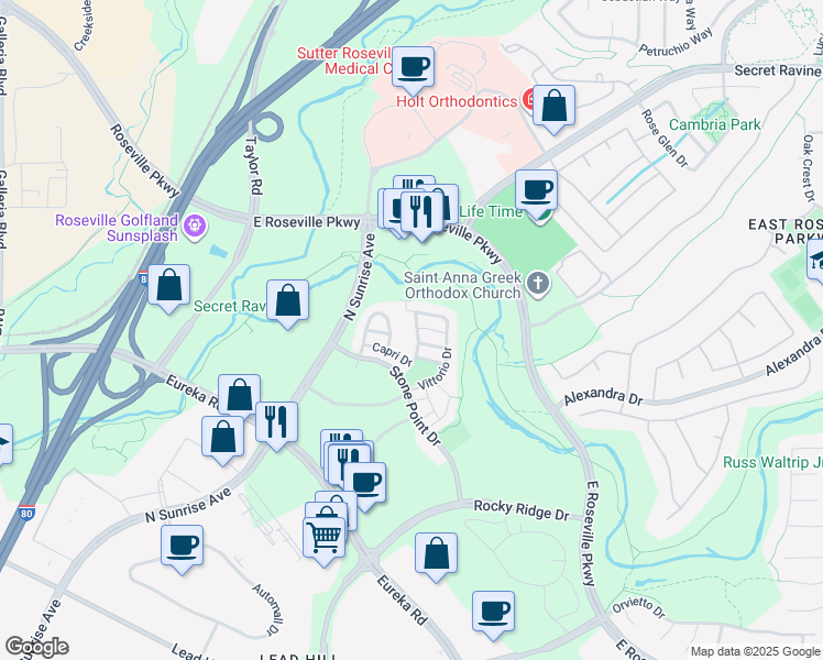 map of restaurants, bars, coffee shops, grocery stores, and more near 2129 Capri Drive in Roseville