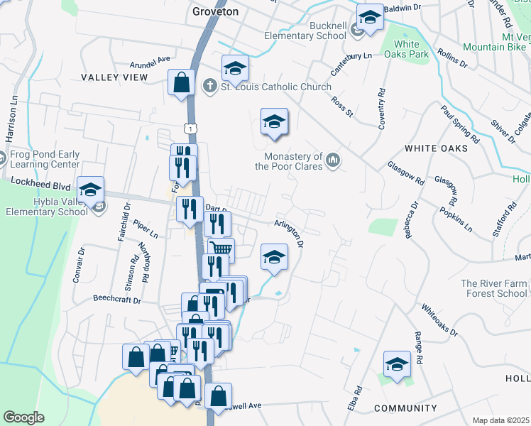 map of restaurants, bars, coffee shops, grocery stores, and more near 7249 Mountaineer Drive in Hybla Valley