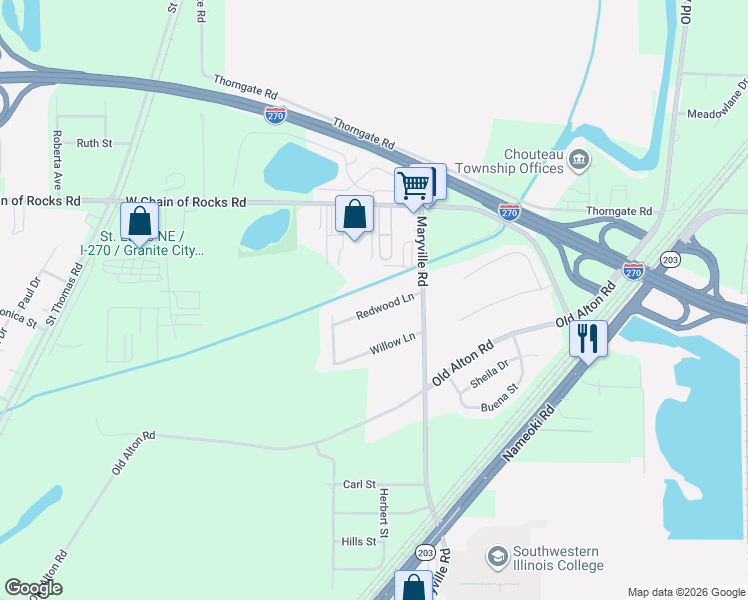 map of restaurants, bars, coffee shops, grocery stores, and more near 4917 Redwood Lane in Granite City