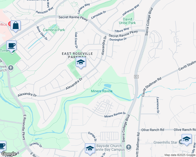 map of restaurants, bars, coffee shops, grocery stores, and more near 225 Grampian Court in Roseville