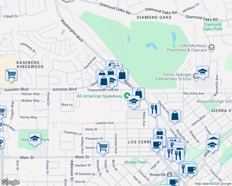 map of restaurants, bars, coffee shops, grocery stores, and more near 50 Corporation Yard Road in Roseville