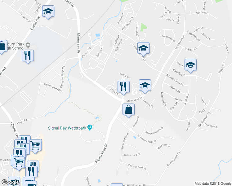 map of restaurants, bars, coffee shops, grocery stores, and more near 289 Virginia 213 in Manassas Park