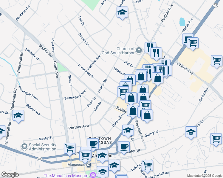 map of restaurants, bars, coffee shops, grocery stores, and more near 9023 Longstreet Drive in Manassas