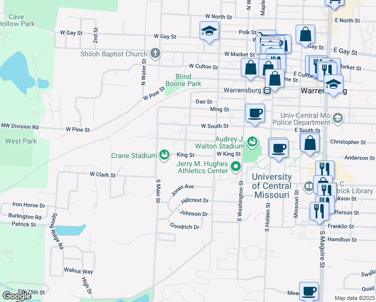 map of restaurants, bars, coffee shops, grocery stores, and more near 323 King Street in Warrensburg
