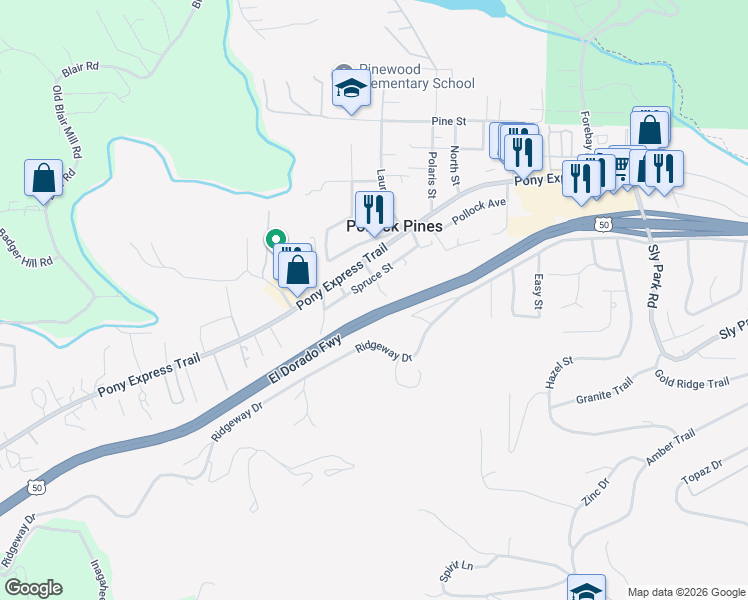 map of restaurants, bars, coffee shops, grocery stores, and more near 6202 Spruce Street in Pollock Pines