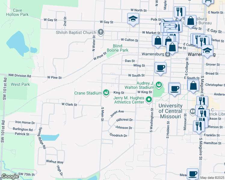 map of restaurants, bars, coffee shops, grocery stores, and more near 415 West King Street in Warrensburg