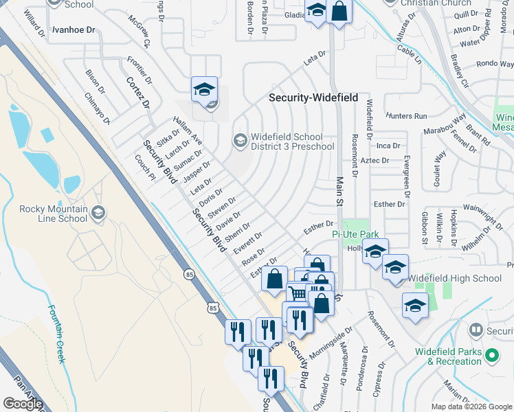 map of restaurants, bars, coffee shops, grocery stores, and more near 1100 Hallam Avenue in Colorado Springs
