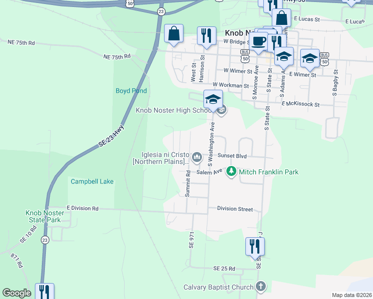 map of restaurants, bars, coffee shops, grocery stores, and more near 703 Sunset Boulevard in Knob Noster