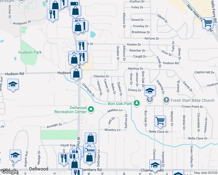 map of restaurants, bars, coffee shops, grocery stores, and more near 10235 Tanner Drive in St. Louis