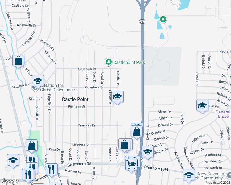 map of restaurants, bars, coffee shops, grocery stores, and more near 10350 Prince Drive in St. Louis