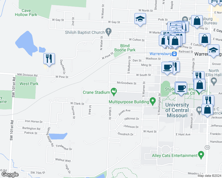 map of restaurants, bars, coffee shops, grocery stores, and more near 499 King Street in Warrensburg