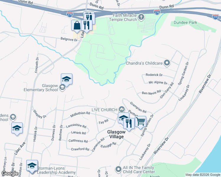 map of restaurants, bars, coffee shops, grocery stores, and more near 10650 Dunkeld Circle in St. Louis