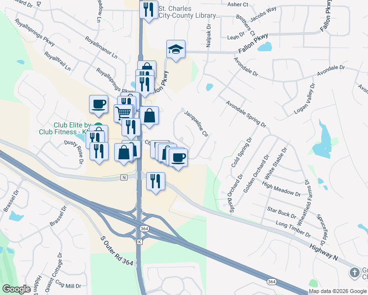 map of restaurants, bars, coffee shops, grocery stores, and more near 4 Mary Beth Court in O'Fallon