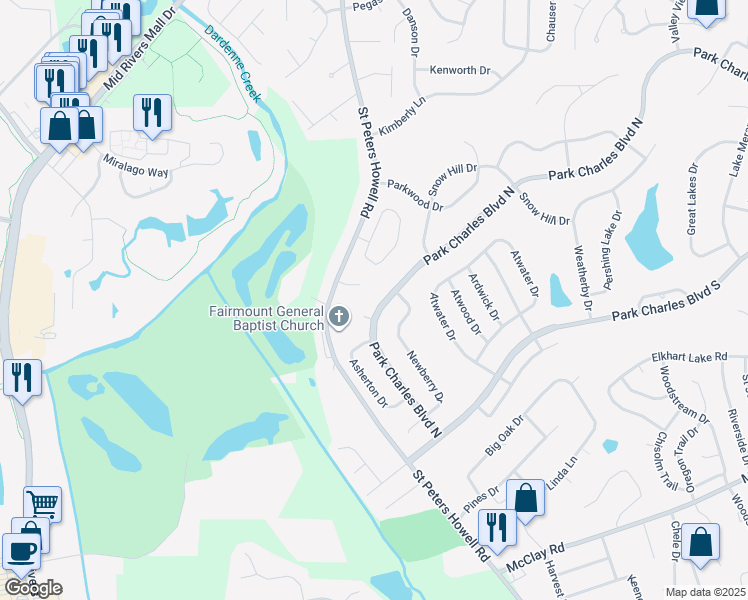 map of restaurants, bars, coffee shops, grocery stores, and more near 41 Park Charles Boulevard North in Saint Peters