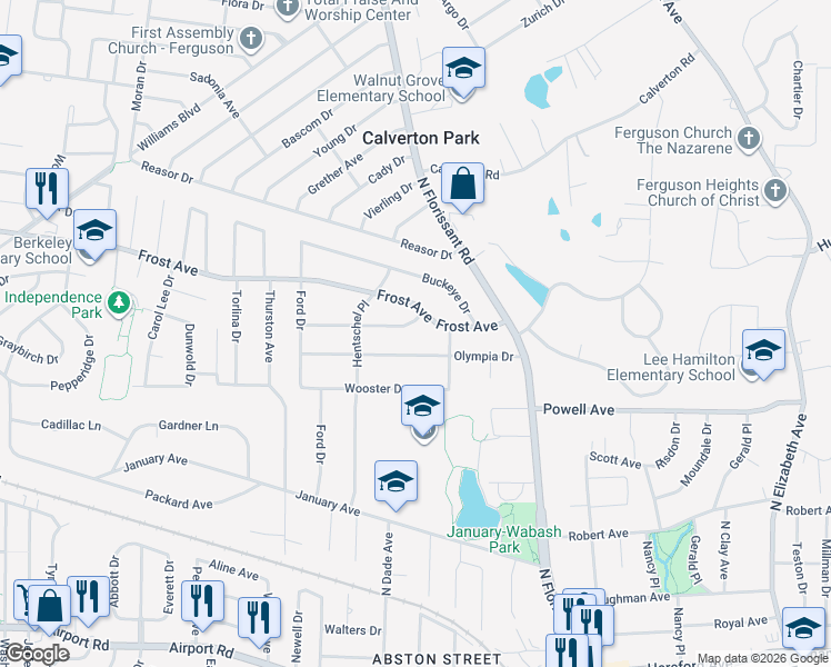 map of restaurants, bars, coffee shops, grocery stores, and more near 219 Olympia Drive in Ferguson