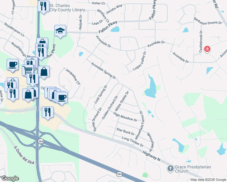 map of restaurants, bars, coffee shops, grocery stores, and more near 1146 Spring Orchard Drive in O'Fallon