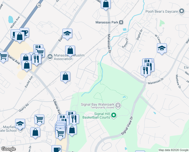 map of restaurants, bars, coffee shops, grocery stores, and more near 8113 Honey Bee Way in Manassas